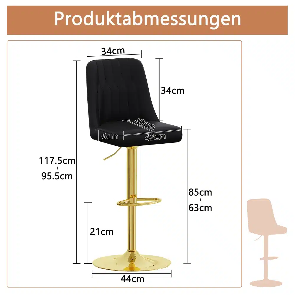 Musta istme ja seljatoega baaritoolid, millel on reguleeritav kõrgus ja pöörlev funktsioon, kuldkollane metallist jalg ning jalatugi, mõõtudega 117,5 cm ja 44 cm põrandapindala.