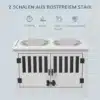 Koera söögilaud roostevabast terasest kaussidega | E-pood Tootemaailm Kaunis valge koera söögilaud koos kahe roostevabast terasest kausiga, mis on asetatud söögilaua pinnale ja mille all on mustade triipudega uksed.
