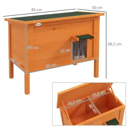 Kassimaja soojustatud puidust oranž ukseklapiga 60x60x81,5 | E-pood Tootemaailm Puidust kassimaja soojustatud oranži ukseklapiga, mõõtmetega 60x60x81,5, millel on roheline katus ja detailne sisekujundus.