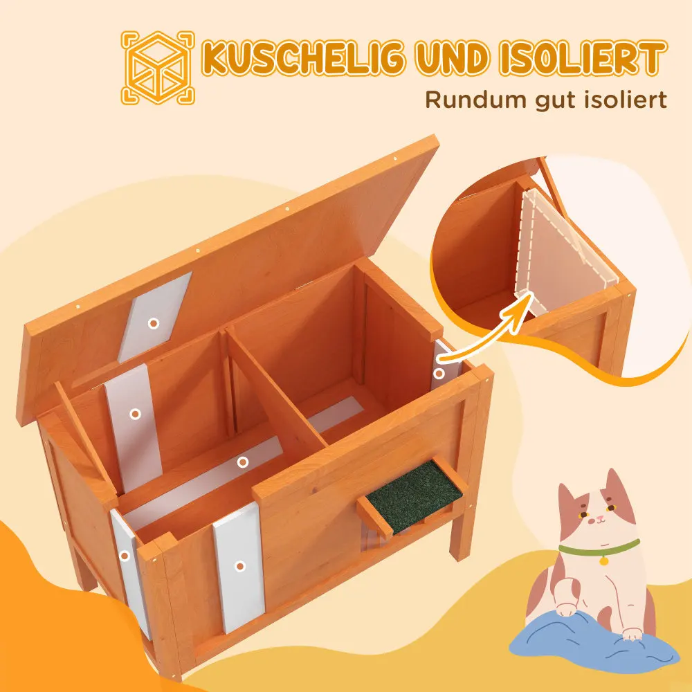 Puidust kassimaja oranž ukseklapiga, soojustatud, mille avatud katus ja jagatud sektsioonid on näha vastu hele beežikirjut tausta, illustreeritud kassinurgaga.