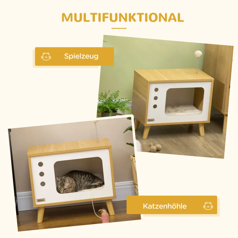 Puidust kassimaja pehme valge padja ja riputatud mängupalliga, tammepuidust raam ja minimalistlik disain modernses toas.