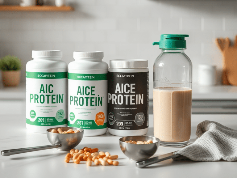 Taimne proteiin: herne-, riisi- ja sojavalk | E-pood Tootemaailm Kolm taimse proteiini purki ja shaker-pudel köögilaual