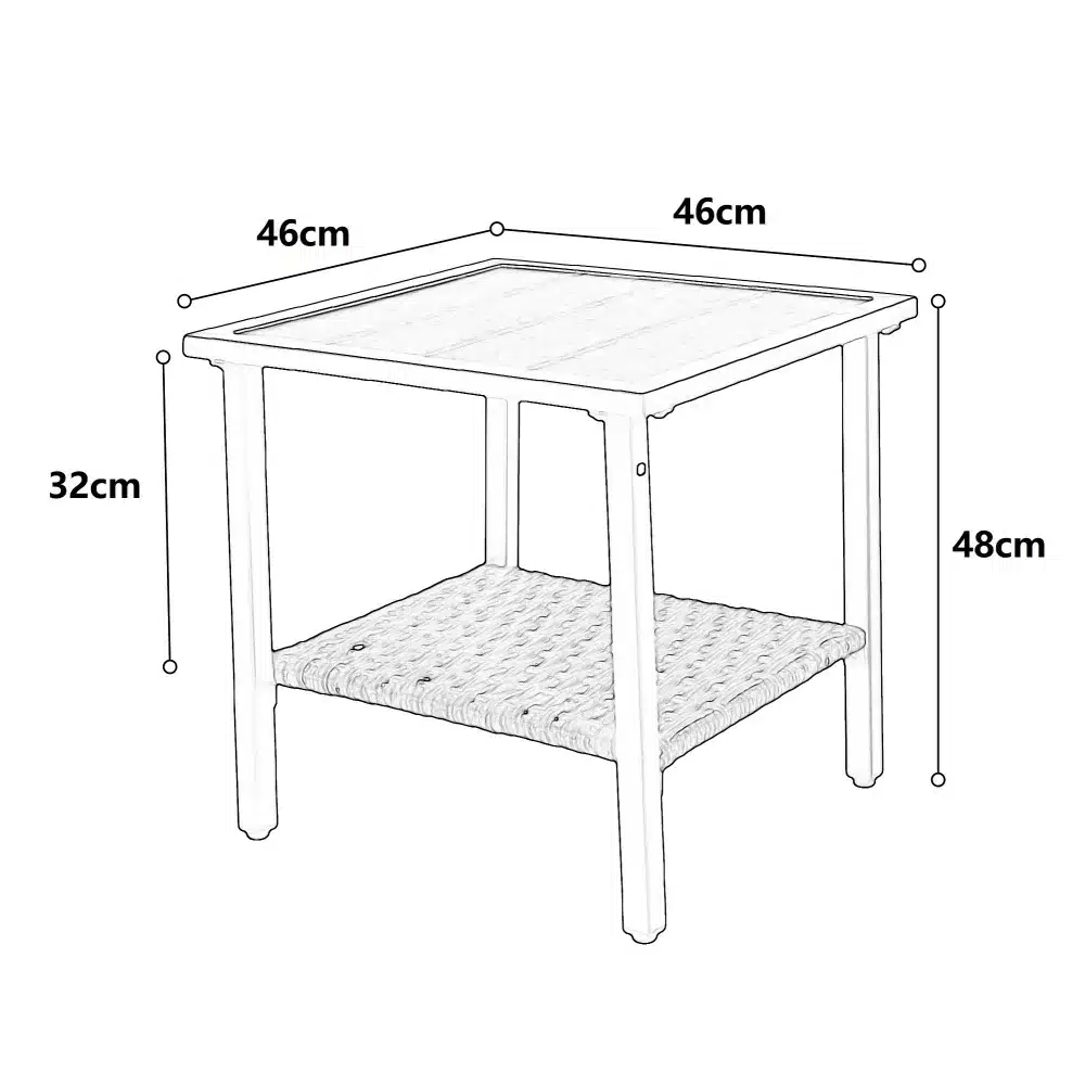 Aiamööbli komplekti kuuluv minimalistlik laud, mille mõõtmed on 46cm x 46cm kõrgus 48cm ja madalam riiul 32cm maapinnast. Laual on tugevad jalad ja vastupidav pind, ideaalne õues kasutamiseks.