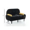 Sametist kaheistmeline diivanvoodi panipaigaga | E-pood Tootemaailm Elegantne must sametist kaheistmeline diivanvoodi panipaigaga, mõõtmete kuvamisega. Diivanil on kollased ümmargused käetoed ja dekoratiivnupud, mustade jalgadega valgel taustal.