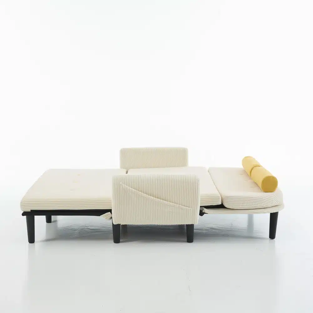 Valge sametist kaheistmeline diivanvoodi, millel on avatud panipaik. Taust on puhas ja minimalistlik, rõhutades elegantset mööblieset.