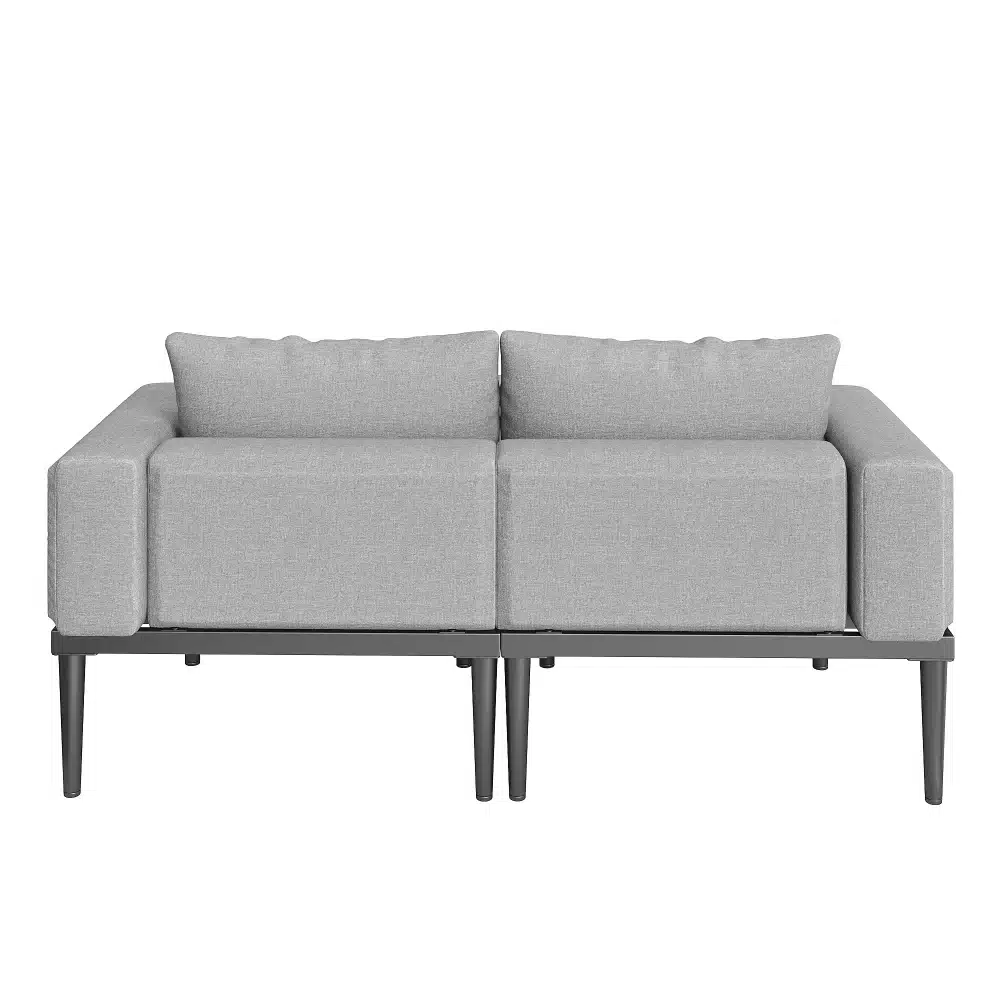 Aiamööbli päevavoodi kahele, veekindel küljelauaga, helehall tekstiilkate tumeda metallist raamiga. Elegantne ja mugav disain modernseks aiakujunduseks.