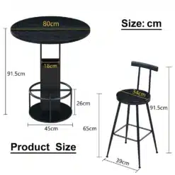 Baarilaud ja taburetid 3-osaline komplekt puidust ja metallist, musta värvi. Komplekti kuuluvad ümmargune laud diameetriga 80 cm ja kõrgusega 91,5 cm ning taburetid istumiskõrgusega 65 cm. Metallraam ja puidust istmed pakuvad elegantsust ja vastupidavust.