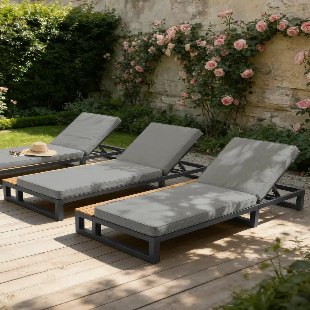 Päevavoodi reguleeritava seljatoega veekindel helebeež terrassil. Elegantne disain ja helebeež värv sobivad harmooniliselt rohelise aia ja roosi põõsaste taustal, pakkudes lõõgastavat atmosfääri.