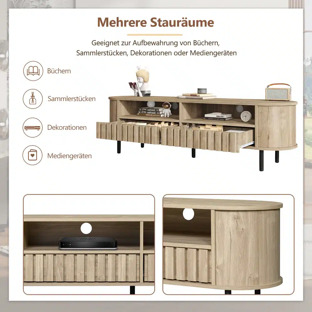 TV-alus puidumustriga, 2 sahtlit, suurus 160×40×48 cm, näitab mitut hoiuruumi, mis sobivad nii raamatute, dekoratsioonide kui ka meediaseadmete hoidmiseks. Alusel on naturaalne puidumuster ja mustad jalad, luues elegantse elutoa mööblieseme.