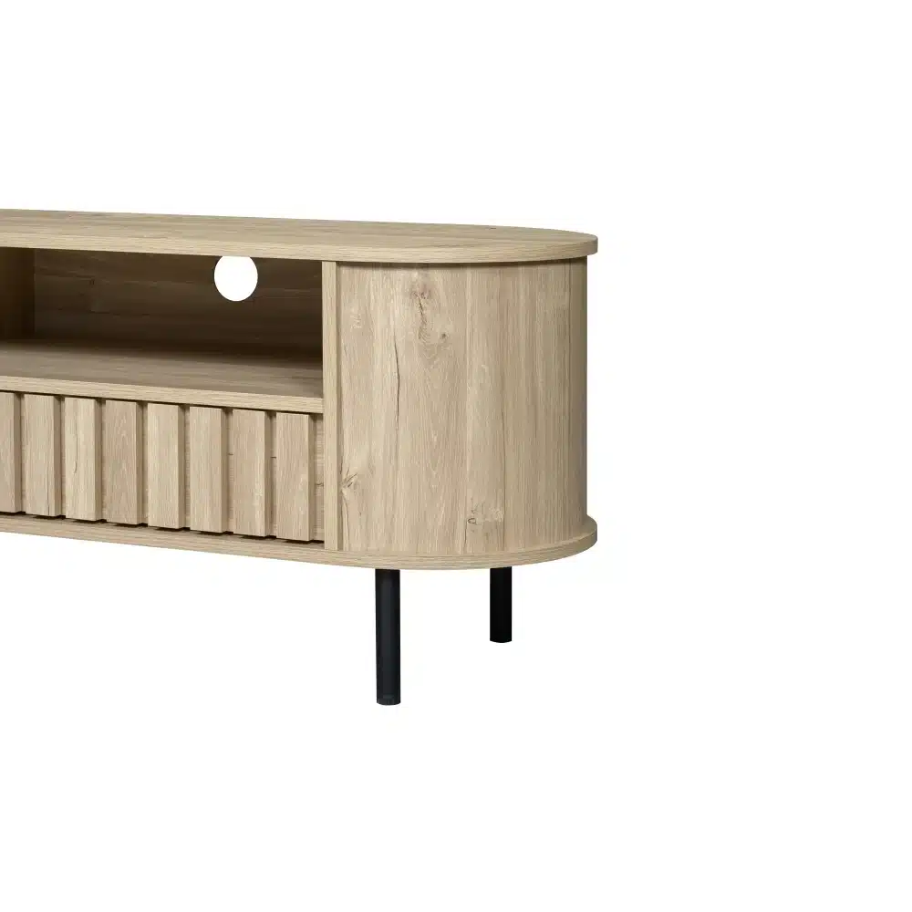 TV-alus puidumustriga, 2 sahtlit, 160×40×48 cm, hele puit värvi, avatud riiul ja mustad jalad.
