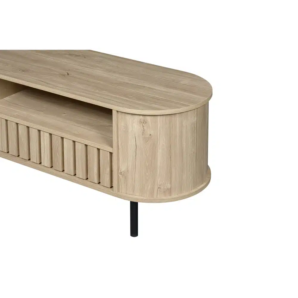 Stiilne TV-alus puidumustriga, millel on kaks praktilist sahtlit ja mõõtmed 160×40×48 cm. Alus on helepruuni tooniga ja seda toetavad elegantsed mustad jalad, sobides ideaalselt igasse kaasaegsesse elutuppa.