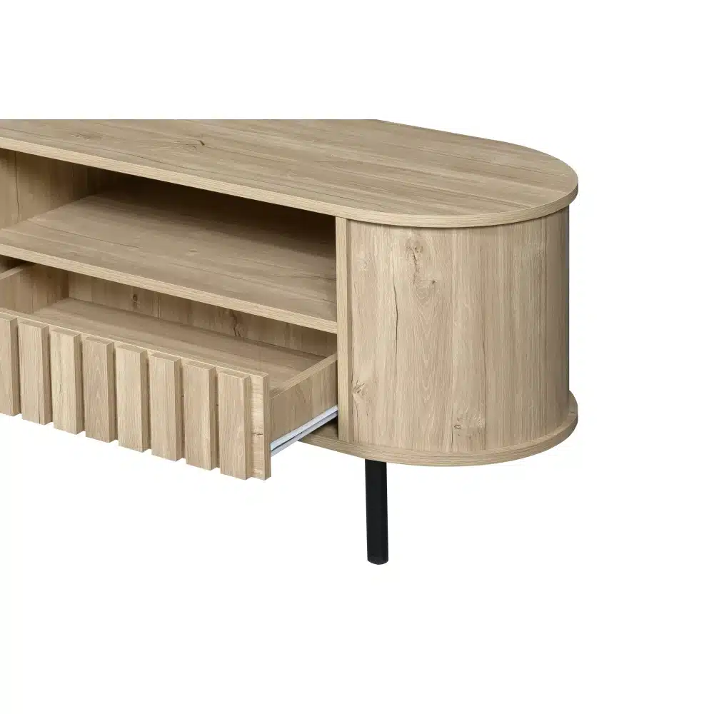 TV-alus puidumustriga, 2 sahtlit, 160×40×48 cm, hele puit, mustad jalad, avatud riiulitel ja sahtlitel käepide, kaasaegne disain, valge taust.
