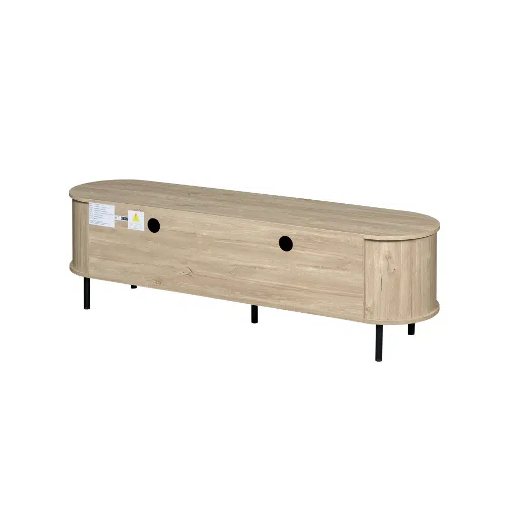 Puidumustriga TV-alus, kaks sahtlit ja mustad jalad, mõõtmetega 160×40×48 cm valgel taustal.