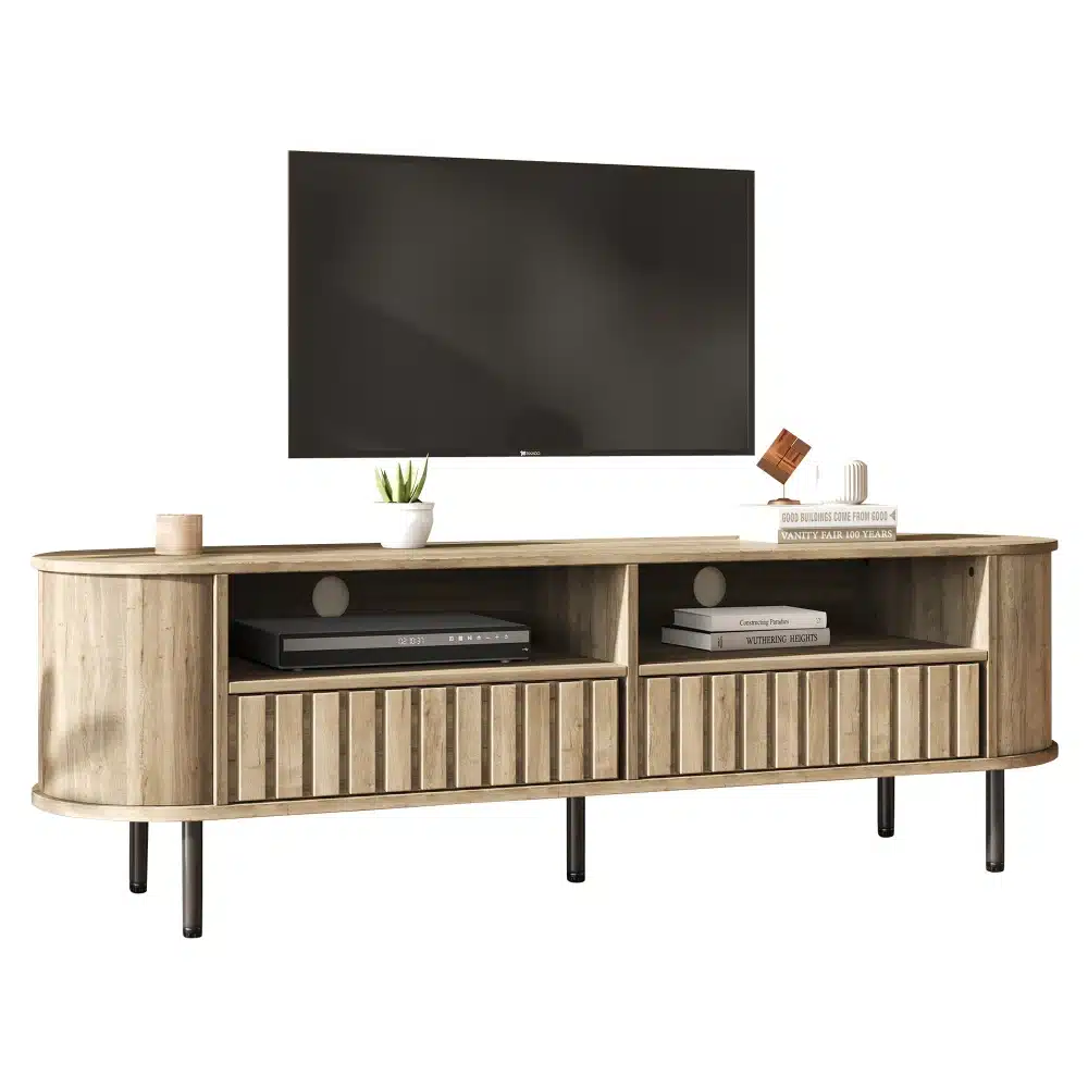 TV-alus puidumustriga, kaks sahtlit, suurus 160×40×48 cm, valmistatud kvaliteetsest puidust, stabiilsel mustal jalal, kaasaegsete sisustuselementidega neutraalses ruumis.