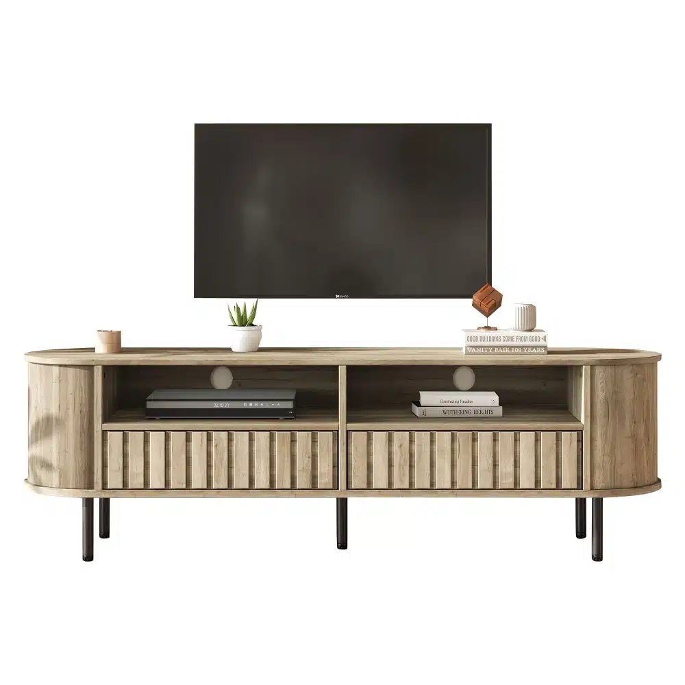 TV-alus puidumustriga, millel on kaks sahtlit ja avatud riiulid. Valmistatud kvaliteetsest puidust, alus on 160x40x48 cm mõõdus ning seisab neljal tugevamal jalal. Sobib ideaalselt kaasaegsesse interjööri, taustal hele toon.