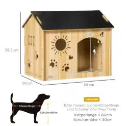 Koeramaja sisetingimustesse, loodud kvaliteetsest puidust, lõbusate lõigetega ja tumeda katusekattega, pakkudes ventilatsiooni ja privaatsust teie lemmikloomale.