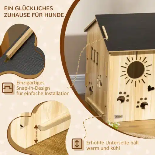 Koeramaja sisetingimustesse ventilatsiooni ja katusega | E-pood Tootemaailm Puitmaterjalist koeramaja sisetingimustesse, millel on ventilatsiooniavad ja tume katus. See on asetsev heledal puitpõrandal taustal neutraalselt toonitud seinaga.
