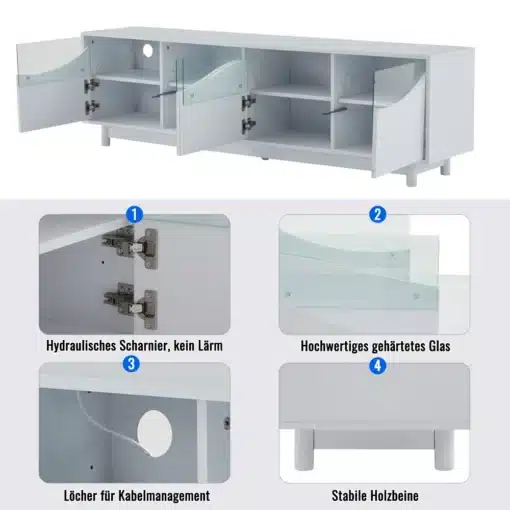 TV-alus LED-valgustusega, valge kõrgläige, 175 cm | E-pood Tootemaailm TV-alus LED-valgustusega, valge kõrgläige, 175 cm, avatud uste ja riiulitega. Detailis näha hüdraulilised hinged, karastatud klaasist detailid ja kaabeldamise augud.