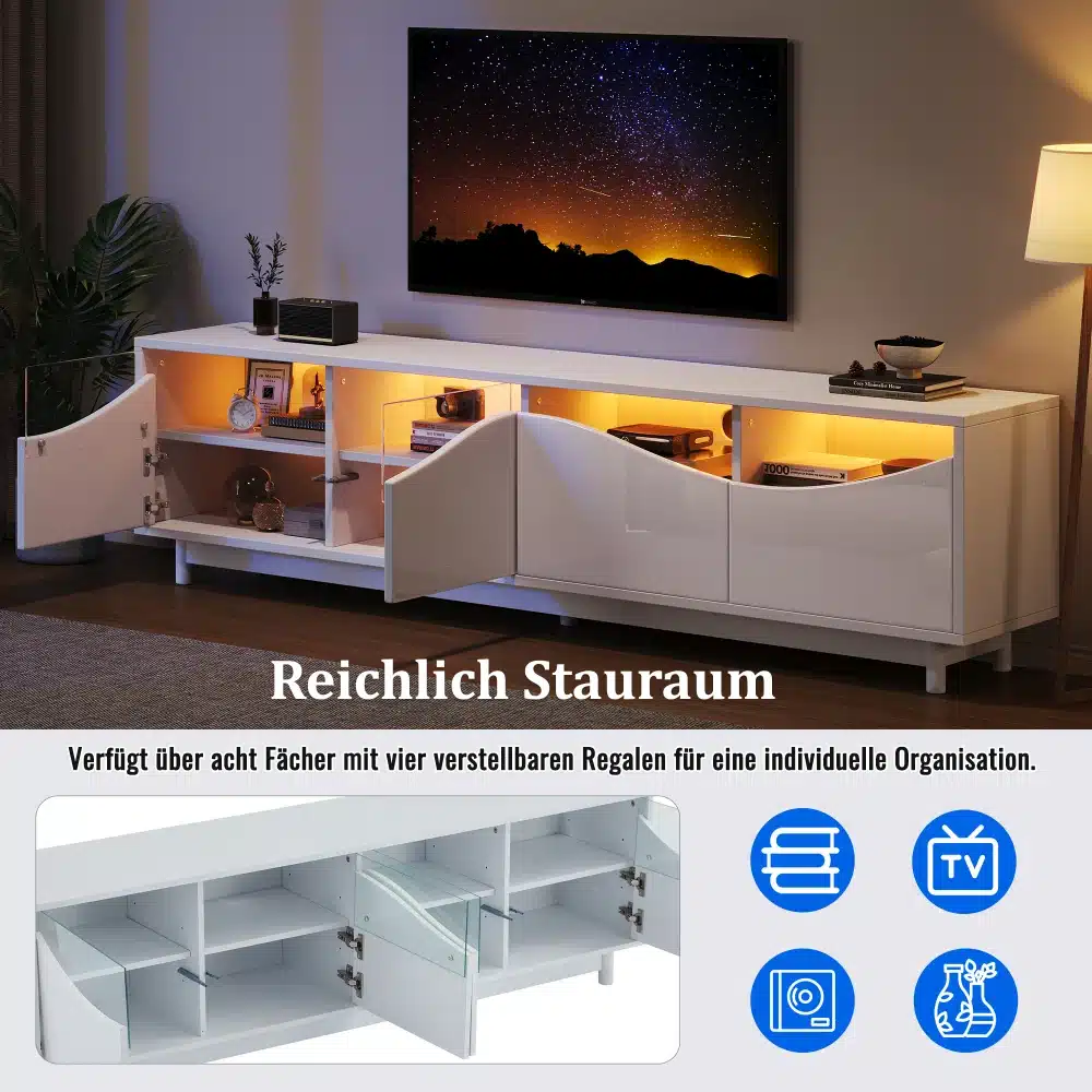 Valge kõrgläikega 175 cm TV-alus LED-valgustusega pimedas elutoas, millel on avatud riiv, näidates mitmekihilist ladustamisruumi. Taustal kumab oranži tooni valgus, mis loob sooja atmosfääri. Alusel on raamatud ja dekoratiivsed esemed ning selle taustal on lummav tähetaevas teleekraanil.