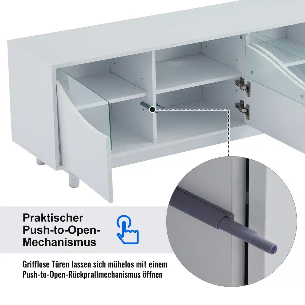 Valge kõrgläikega 175 cm TV-alus LED-valgustusega, avatud uksed ja riiulid näitavad praktilist push-to-open mehhanismi.
