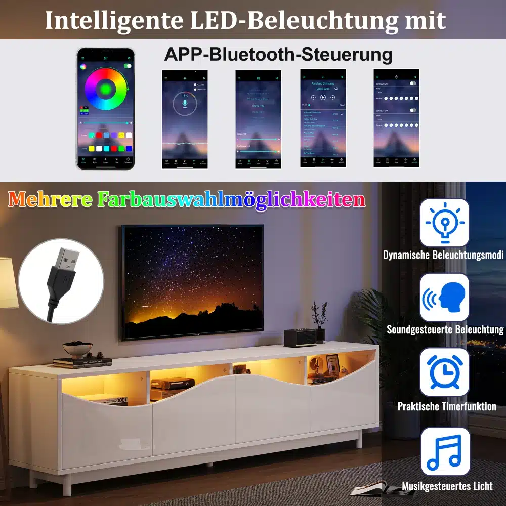 TV-alus LED-valgustusega, valge kõrgläige, 175 cm, moodsas elutoas. Pildil on näha LED-valgustusega TV-alus, millel on kõrgläikeline valge viimistlus. Alusel on neli sektsiooni, millest kaks keskset on LED-valgustuse efektidega. Taustal on suur lameekraaniga televiisor. Paremalt võib näha lihtsa ja kaasaegse sisustusega elutoa osalist vaadet.