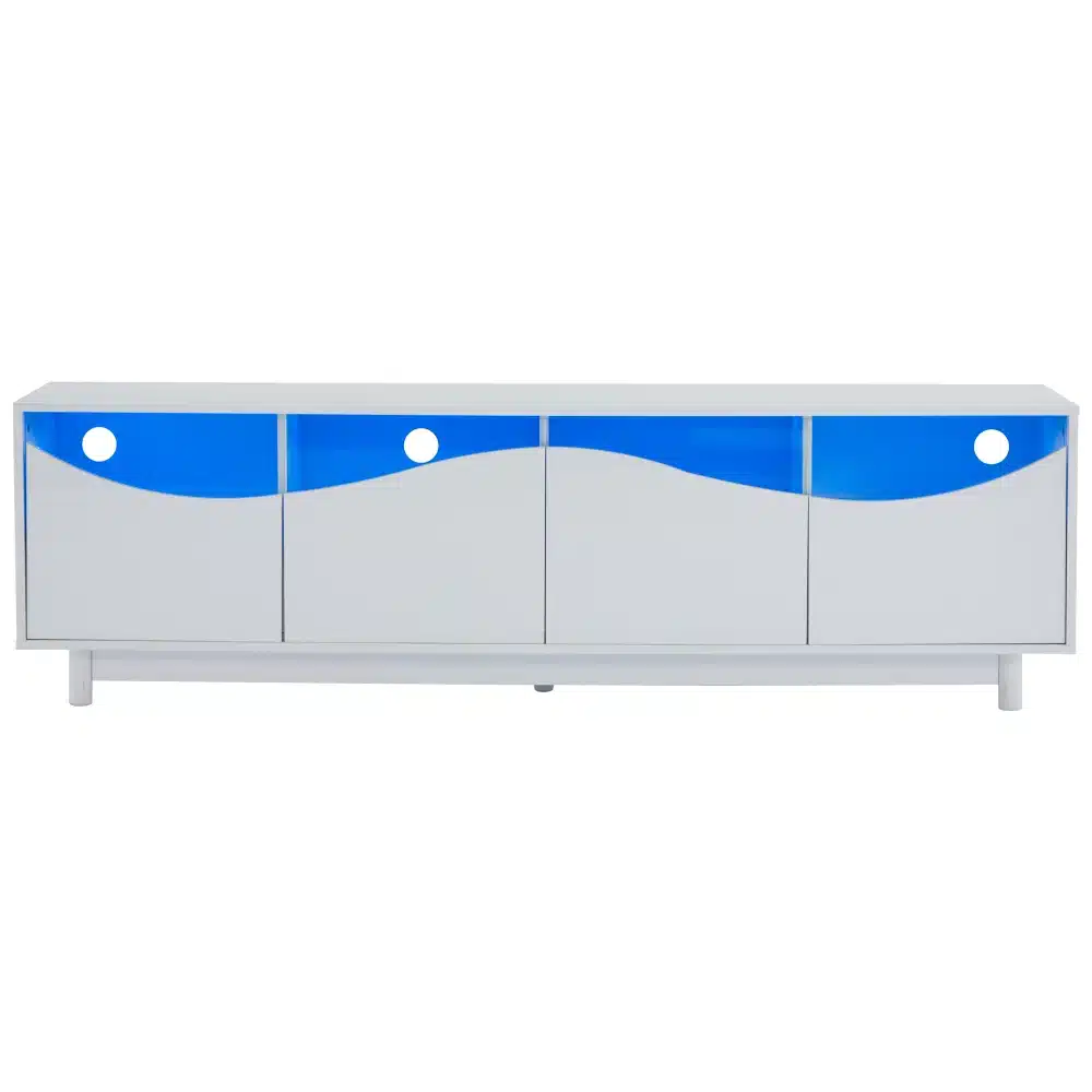 Elegantne TV-alus LED-valgustusega, valge kõrgläikega viimistlus, pikkus 175 cm, kaasaegsed jooned ja minimalistlik disain.