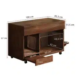 Pähklipruun kassiliivakasti kapp koos integreeritud toidukausiga. Toode on mõõtudega 100x45,5x67 cm, valmistatud kvaliteetsest puidust, millel on siledad pinnad ja ratastega disain liikumise mugavuseks.