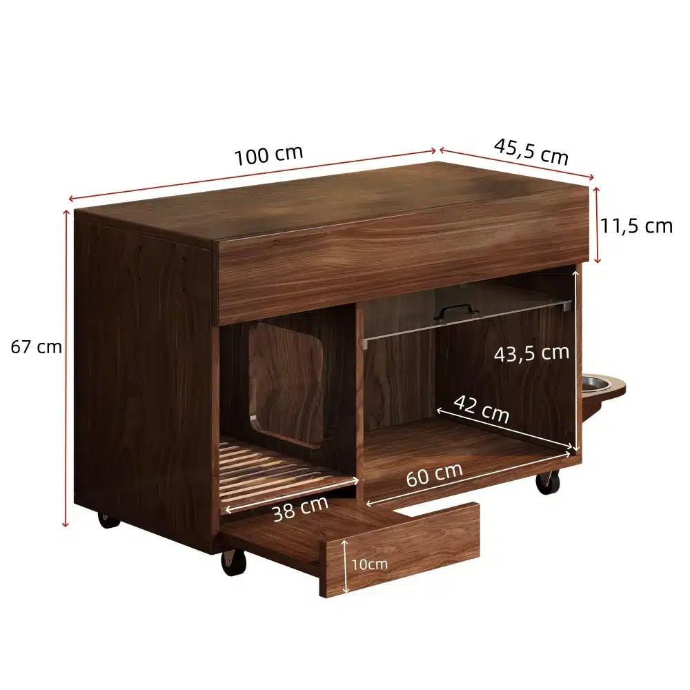 Kassiliivakasti kapp toidukausiga, pähklipruun värvitoon, mõõtudega 100x45,5x67 cm, rullikutel liigutatav, sobiv kasside elamistingimusteks, mis sisaldab avatud sektsiooni ja toitmisnõude ala.