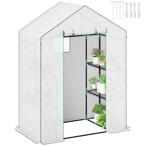 Kasvuhoone UV-kaitsega, 3 tasandit, lukuga uks, 143x74x190 | E-pood Tootemaailm Kasvuhoone UV-kaitsega, 3 tasandit, lukuga uks, mõõtmed 143x74x190, valge raami ja võrguga materjal, taustaks neutraalne hall. Sees on rohelised taimed mitmel tasandil, luues kutsuva ja praktilise aiakeskkonna.