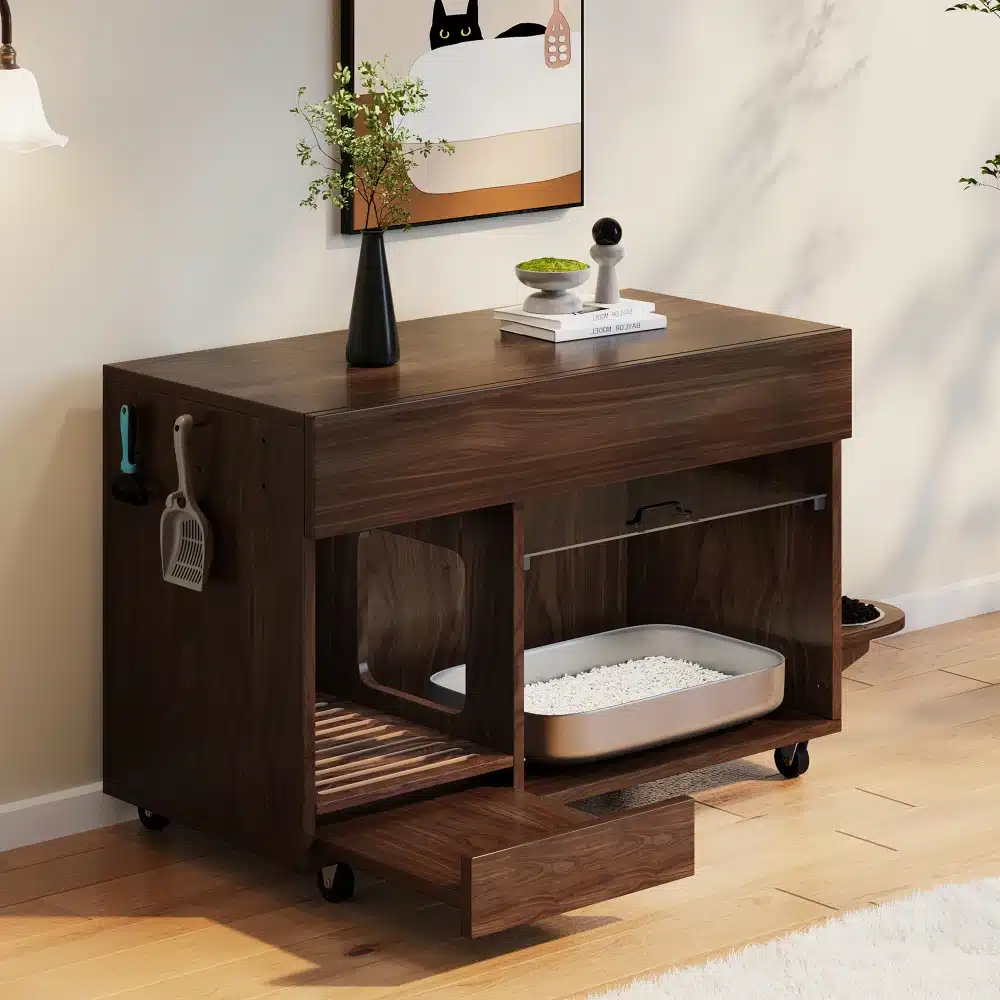 Pähklipruun kassiliivakasti kapp toidukausiga mõõtudega 100x45,5x67 cm, elegantse disainiga ja varustatud praktilise sahtliga, paigaldatud heledale põrandale valge seina taustal, toaplant peal ja kassi pilt seinal.