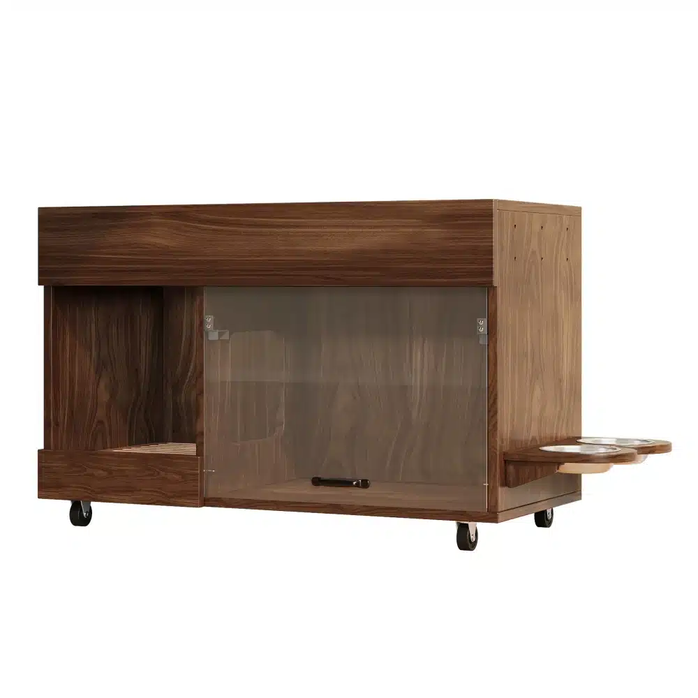 Pähklipruun kassiliivakasti kapp toidukausiga, mõõtudega 100x45,5x67 cm, millel on rattad ja elegantne puidust viimistlus, sobib ideaalselt eluruumi moekaks sisustuseks.