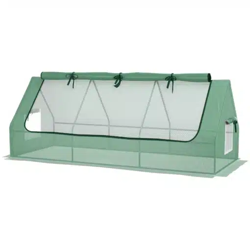Kasvuhoone UV-kaitsega PE katte ja terasraamiga 240x90x90 | E-pood Tootemaailm Kasvuhoone UV-kaitsega PE katte ja terasraamiga mõõtudega 240x90x90, rohelises värvitoonis, avatud akendega, aiataustaga.