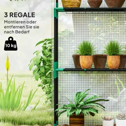 Kasvuhoone UV-kaitsega, 3 tasandit, lukuga uks, 143x74x190 | E-pood Tootemaailm Kasvuhoone UV-kaitsega, 3 tasandit, lukuga uks, 143x74x190, kuvab mitmetasandilisi riiuleid potitaimedega, taustal lopsakas rohelus ja dekoratiivsed potid.