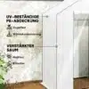 Kasvuhoone UV-kaitsega, 3 tasandit, lukuga uks, 143x74x190 | E-pood Tootemaailm Kasvuhoone UV-kaitsega, 3 tasandit, lukuga uks, 143x74x190. Näha on valge, läbikumav UV-päikesekaitse kattega kasvuhoone, millel on tugevdatud õmblused ja lukuga uks. Taustal on krohvitud sein ja lilledega ala.