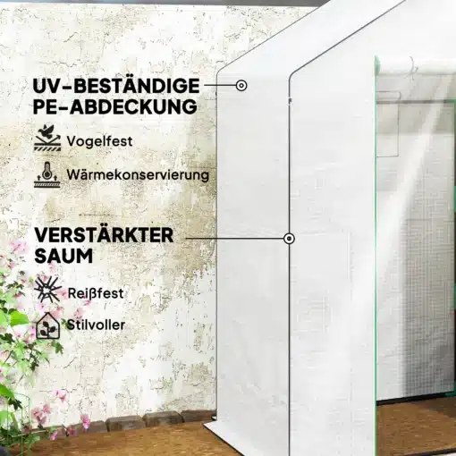 Kasvuhoone UV-kaitsega, 3 tasandit, lukuga uks, 143x74x190 | E-pood Tootemaailm Kasvuhoone UV-kaitsega, 3 tasandit, lukuga uks, 143x74x190. Näha on valge, läbikumav UV-päikesekaitse kattega kasvuhoone, millel on tugevdatud õmblused ja lukuga uks. Taustal on krohvitud sein ja lilledega ala.