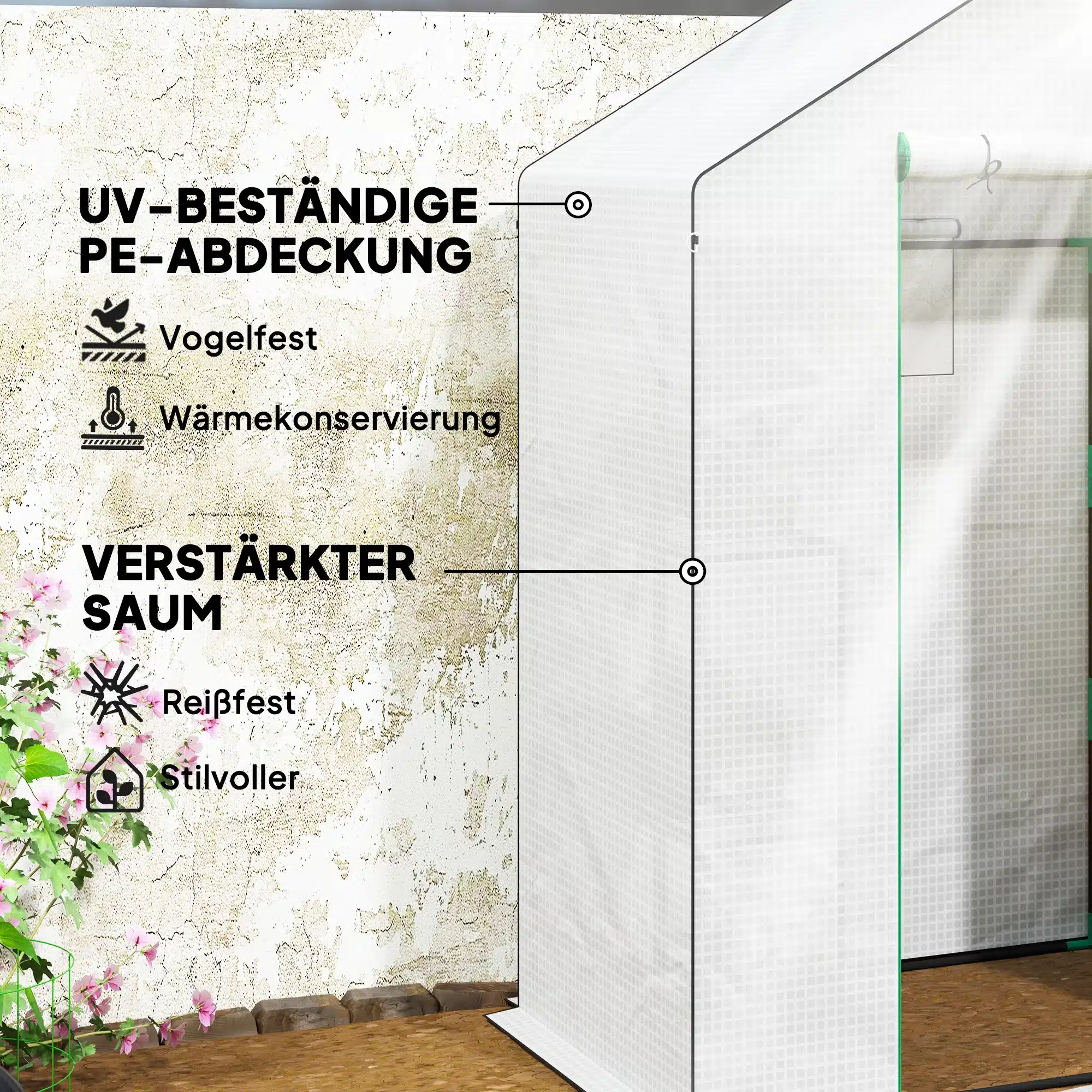 Valge kasvuhoone UV-kaitsega, 3 tasandit, lukuga uks, mõõtmetega 143x74x190. Seina vastas näha tugevdatud ümbrised ja kaitsekiht, taustal roosa lill ning tekst UV-kaitse ja tugevuse kohta.