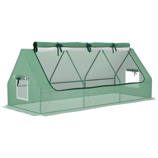 Kasvuhoone UV-kaitsega PE katte ja terasraamiga 240x90x90 | E-pood Tootemaailm Roheline kasvuhoone UV-kaitsega PE katte ja terasraamiga, mõõtmetega 240x90x90, asub valgel taustal. Kasvuhoonel on suured kaarjad avatavad aknad ja lihtne struktuur, mis võimaldab tõhusat ventilatsiooni ning kaitseb taimi ilmastikutingimuste eest.