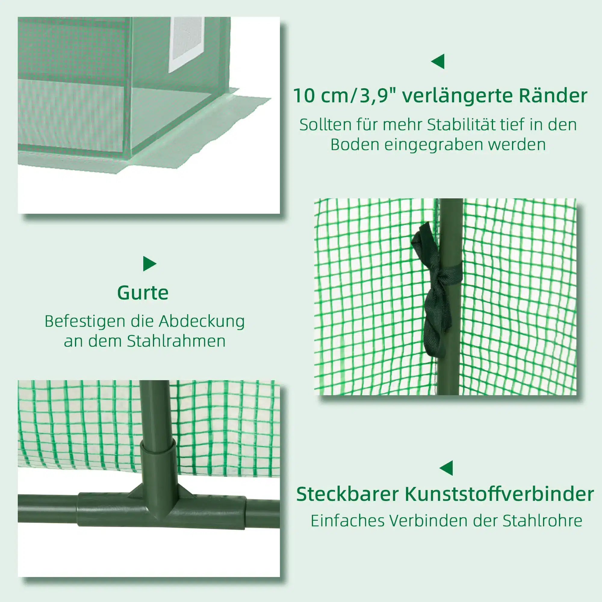Kasvuhoone UV-kaitsega PE katte ja terasraamiga 240x90x90, rohelise võrgu lähedaltvaade terastorustiku ja pikendatud äärte detailidega.