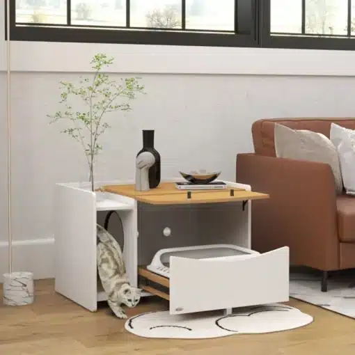 Kassiliivakasti kapp sahtliga tamm/valge 78x50x51 cm | E-pood Tootemaailm Stiilne tamm/valge kassiliivakasti kapp sahtliga, mõõtmetega 78x50x51 cm, elutoas. Kapp sobib suurepäraselt lemmikloomatarvikuteks, samas kujundades ruumi modernselt ja funktsionaalselt.