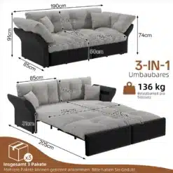 Diivanvoodi 3-in-1, samet, queen-size, 190 cm, nutikas ja mitmekülgne lahendus elutuppa ning magamistuppa. Pildil on helehalli sametkattega diivanvoodi koos täpsete mõõtudega, mis näitavad selle kompaktseid, kuid ruumikasutust optimeerivaid omadusi, pakkudes samal ajal elegantset stiili ja mugavust.
