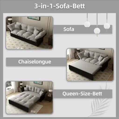 Diivanvoodi 3-in-1, samet, queen-size, 190 cm, | E-pood Tootemaailm Kolmeosaline diivanvoodi 3-in-1, samet, queen-size, 190 cm: musta sametiga kaetud mugav diivan, millel on lahtitõmmatav osa, mis muutub chaiselongue’iks ja queen-size voodiks. Taustal heledates toonides tuba.