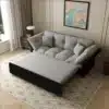Diivanvoodi 3-in-1, samet, queen-size, 190 cm, | E-pood Tootemaailm Valge ja halli sametiga diivanvoodi 3-in-1, queen-size, 190 cm, avatud voodirežiimis valgusküllases elutoas, mille puitpõrandal on kerge mustriga vaip.