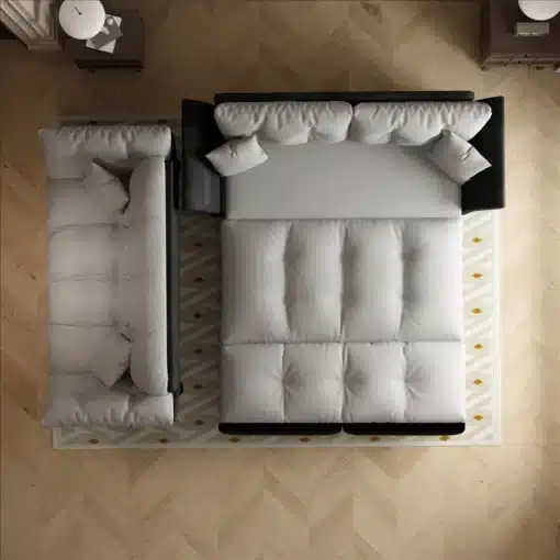 Diivanvoodi 3-in-1, samet, queen-size, 190 cm, | E-pood Tootemaailm Pealtvaade halli sametkattega Diivanvoodi 3-in-1, queen-size, 190 cm, mis on asetatud heledale kalasabaparkettpõrandale, näidates selle lahtikäivat voodifunktsiooni ning mahukaid istumispatju.