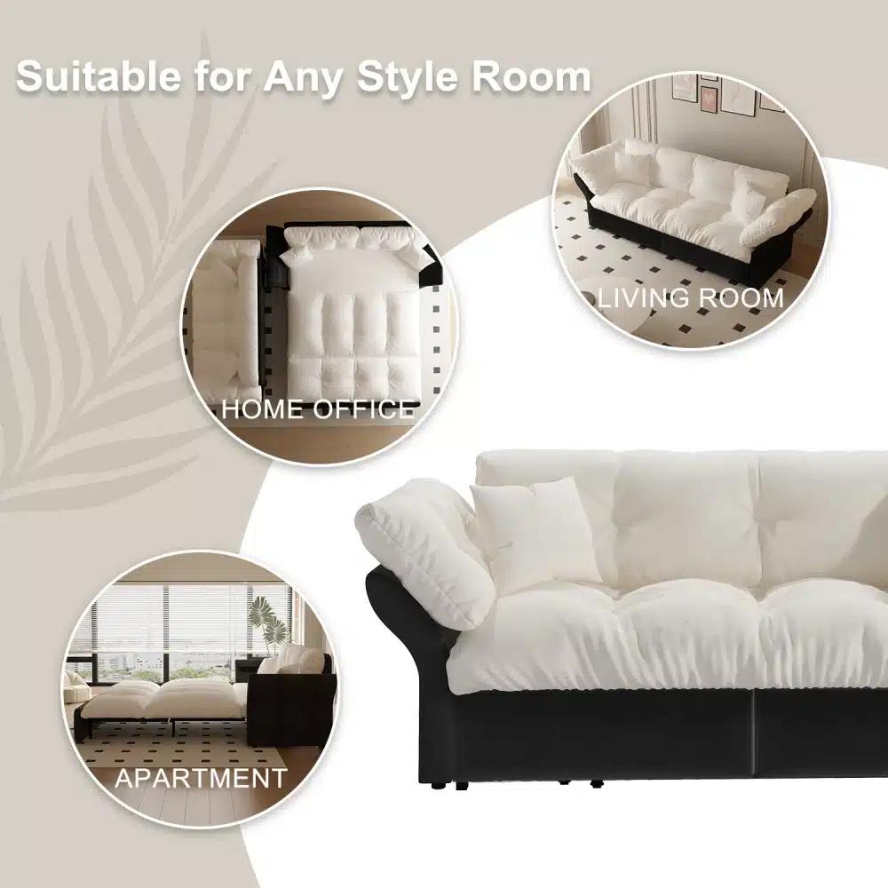 Diivanvoodi 3-in-1, samet, queen-size, 190 cm, mis on asetatud elegantsesse elutuppa. Diivanvoodi on valge pehme sametiga, mida täiendavad stiilsed ja mugavad padjad ning mitmekülgne disain, mis sobib igasse ruumi stiili. Selle peamine võlu on mitmekülgsus ja mugavus, pakkudes ideaalset lahendust erinevates keskkondades nagu kodukontor, elutuba ja korter.