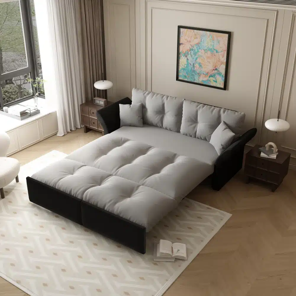 Diivanvoodi 3-in-1, samet, queen-size, 190 cm, avatud asendis. Stiilne hall sametkombinatsioon, asub valgusküllases toas koos dekoreeritud seinakunsti ja puidust mööbliesemetega. Elegantne vaip katab puitparketti, tuues esile ruumi kaasaegset interjööri.