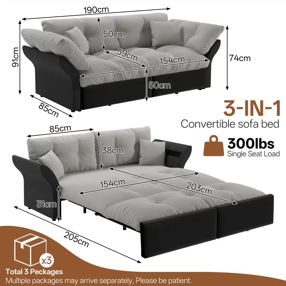 Diivanvoodi 3-in-1, samet, queen-size, 190 cm, musta raamiga, halli polsterdusega, mõõdud näidatud diagrammil. Muudetav diivaniks ja voodiks, nähtaval üksikasjalik mõõtude ülevaade.