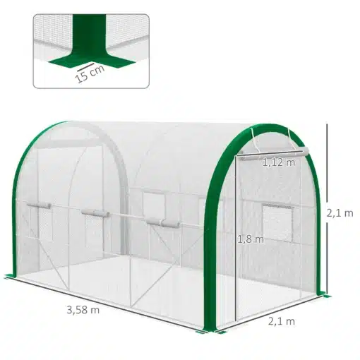 Kasvuhoone metallraamiga, valge, lukuga uksed, 3.5x2x2m | E-pood Tootemaailm Valge metallraamiga kasvuhoone mõõtudega 3.5x2x2m, varustatud lukustavate ustega, seisab rohelisel murul. Konstruktsioon on stabiilne ja vastupidav, tagades taimedele ideaalse kasvukeskkonna.