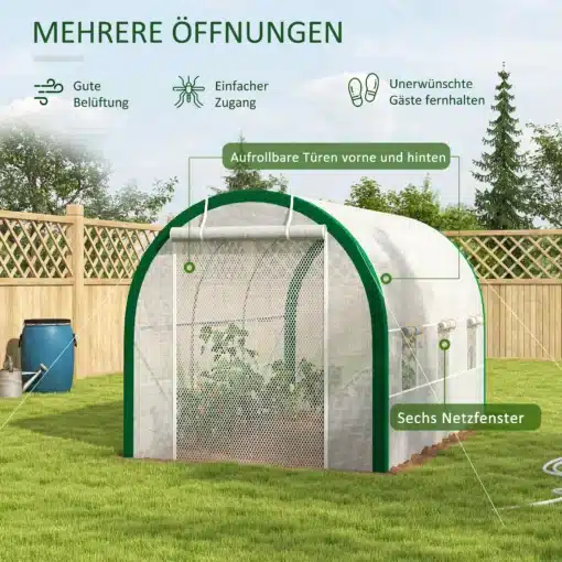 Kasvuhoone metallraamiga, valge, lukuga uksed, 3.5x2x2m | E-pood Tootemaailm Valge metallraamiga kasvuhoone, millel on lukuga uksed, asetseb rohelisel murul ja on ümbritsetud puidust aiaga. Kasvuhoone mõõtmed on 3.5x2x2m.