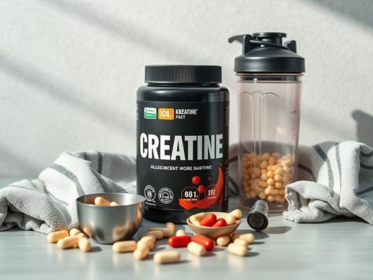 Kreatiin algajale: monohüdraat ja ohutus | E-pood Tootemaailm Kreatiinipurk, shaker ja treeningrätik jõusaali taustal