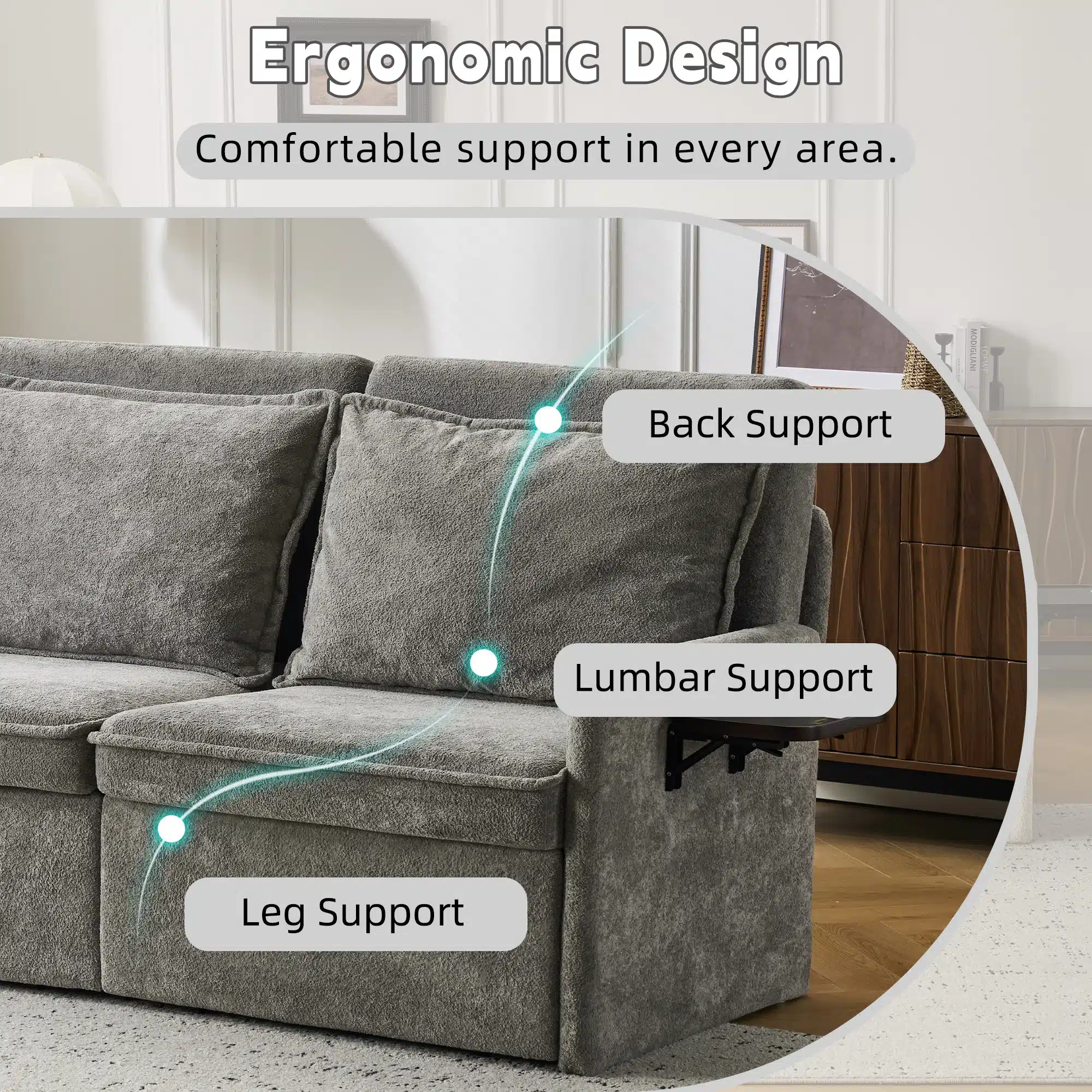 Hall diivanvoodi USB-laadijaga ja reguleeritava seljatoega, mugava ergonoomilise kujundusega. Pehme kangamaterjal ja elegantne elutoa interjöör loovad kaasaegse ilme.